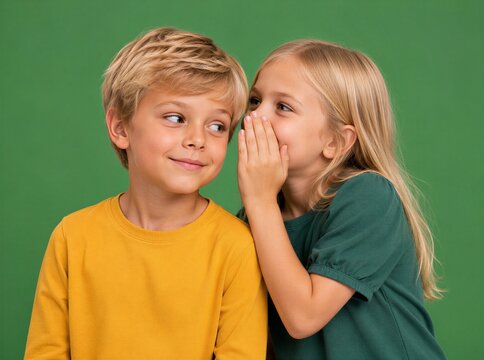 Two children sharing a secret, smiling, on a green background