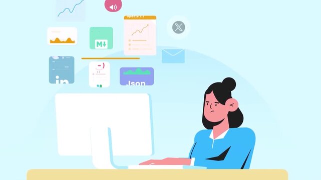 digital work concept with person at desk and multiple file formats