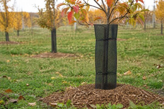 Protective mesh tree guard installed around a young orchard trunk with mulch ring for winter pest prevention and garden care campaigns