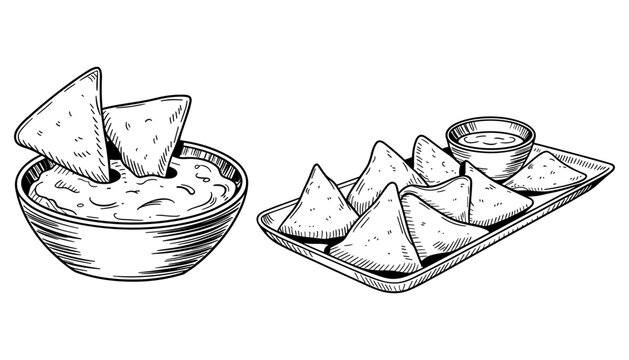 Tortilla chips flat vector illustration snacks. These vintage engraved mexican nachos showcase crispy triangles served with a bowl of guacamole and salsa dip platter.