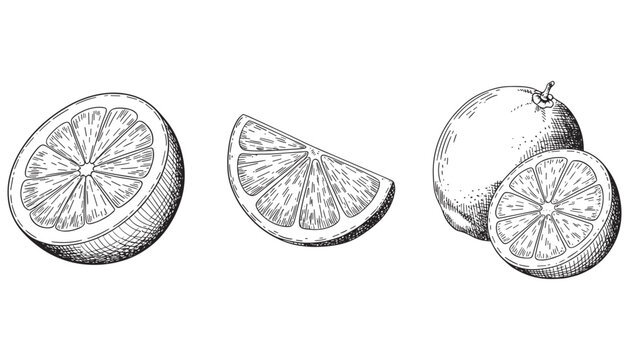 Citrus slices flat vector illustration pack. Three vintage engraved options showcase a detailed half orange, a wedged segment, and whole fruit setups.