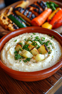 A thick and flavorful skordalia, a Greek garlic and potato dip, styled in a traditional earthenware bowl, garnished with parsley and served alongside grilled vegetables