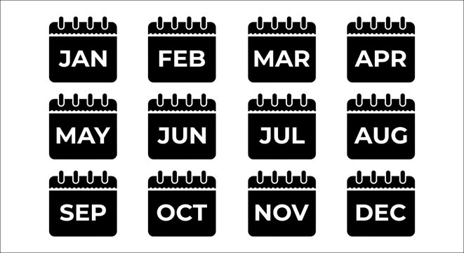 Twelve calendar icons representing months of the year black and white vector illustration january february