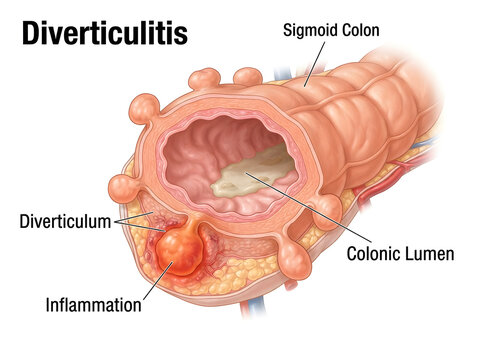Diverticulitis in the sigmoid colon with inflammation isolated on white background