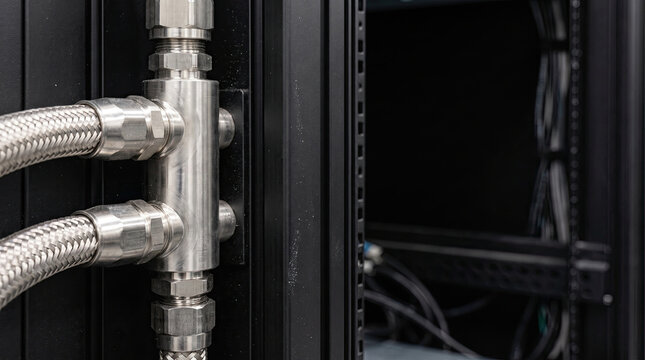 Stainless steel liquid cooling manifold with braided hoses in data center server rack