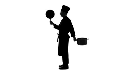 Professional chef silhouette holding a round frying pan and metal cooking pot against white background