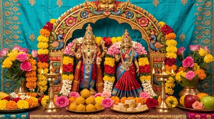 Fototapeta premium Radha Ashtami celebration photography, colorful temple interior with Radha-Krishna idols adorned with fresh flowers