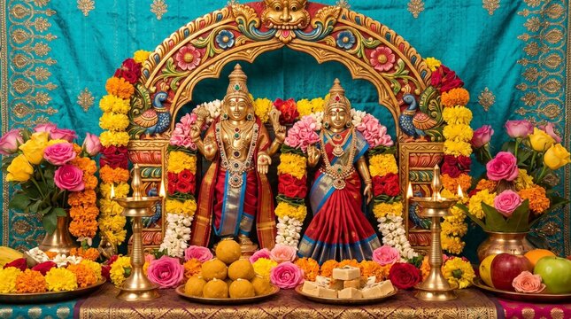 Radha Ashtami celebration photography, colorful temple interior with Radha-Krishna idols adorned with fresh flowers