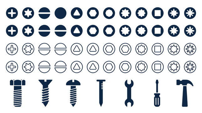 Various screw head types and construction tools displayed as dark blue vector icons on white background