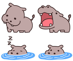 A regular hippo, a hippo with its mouth open, a sleeping hippo, a hippo in the water