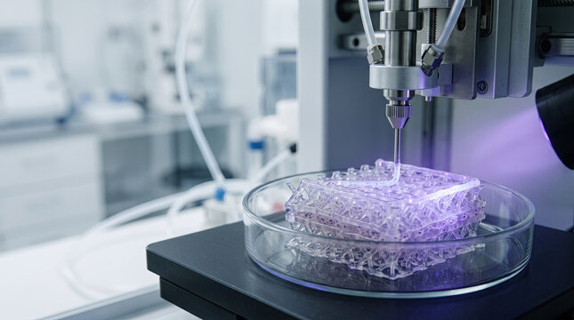 Robotic bioprinter depositing purple hydrogel lattice scaffold in petri dish
