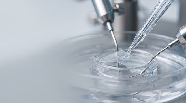 Twin robotic micro-manipulator probes over liquid film in petri dish, laboratory macro