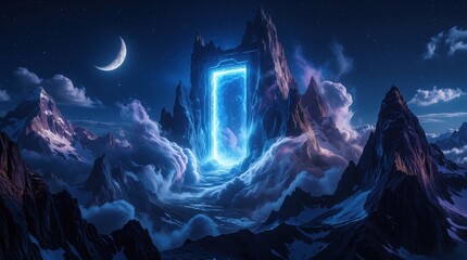 Plakat Glowing blue portal stands in a dark mountain landscape under a crescent moon sky. Ethereal clouds swirl around rocky peaks leading to another dimension. Cosmic scene with fantasy elements.