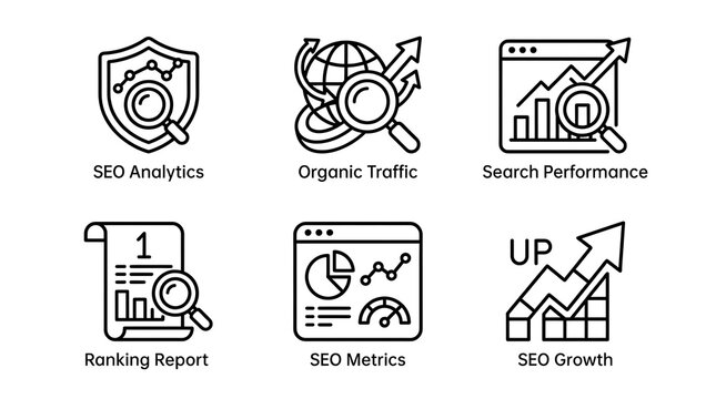 SEO Analytics and Search Engine Marketing Line Icon Set