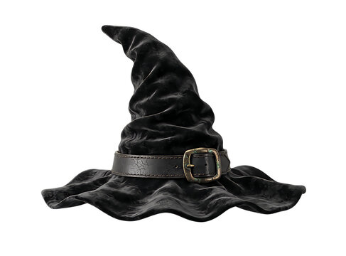 Black witch hat with a leather belt and buckle for halloween costumes and magic themed party decorations isolated on transparent background