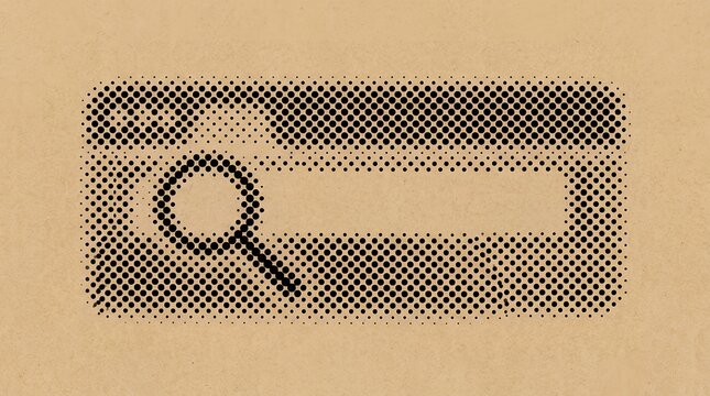 Halftone search bar with magnifying glass icon in vintage dotted style for web interface design.