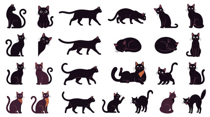 Fototapeta premium Black Cat Silhouette Collection, Feline Sets, Vector Pets, Kitten Shapes, Cartoon Cats, Pet Designs isolated on White Background
