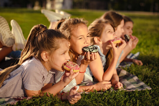 school friends eating sweet donuts and enjoying summer day lying on blanket outdoors
