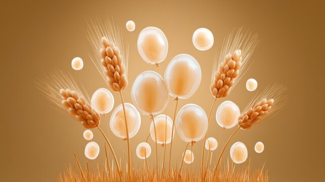 Colorful puffy balloons mimic wheat stalks in a glossy finish, arranged in an amber backdrop, showcasing a harvest theme.