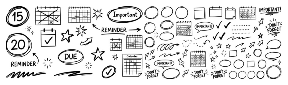 Hand drawn doodle vector mega set of Calendar Highlights featuring date circles, calendar boxes, monthly accents, planner arrows, stars, sparkles and decorative elements isolated on white background