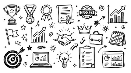Hand drawn doodle vector collection of business achievement featuring trophy, medal, award ribbon, certificate, success badge, target, growth chart, crown, isolated on white background © Creative Lab