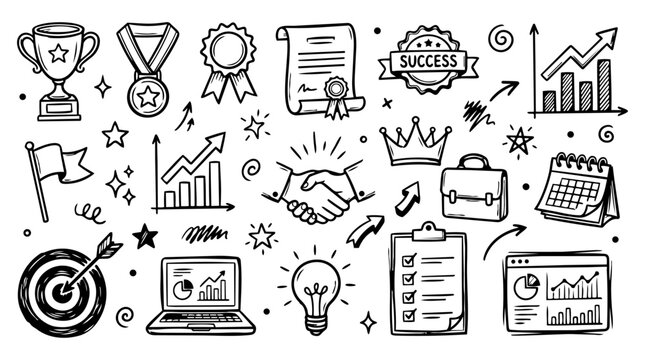 Hand drawn doodle vector collection of business achievement featuring trophy, medal, award ribbon, certificate, success badge, target, growth chart, crown, isolated on white background