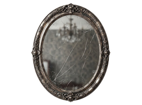 Elegant antique oval mirror with ornate gold frame hanging on a dark wall reflecting a beautiful crystal chandelier isolated on transparent background