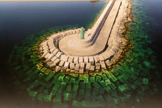 Brise-lame en blocs de b&eacute;ton de ciment prot&eacute;geant la cote des vagues dans le port de luanco 