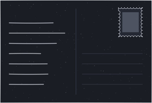 Minimal dark black postcard with address lines and a postage stamp icon for correspondence and mail communication designs