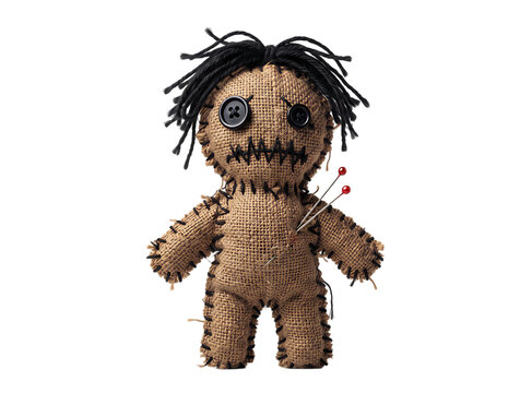 Small handmade voodoo doll made of burlap fabric with black button eyes and dark messy hair for magic or ritual use isolated on transparent background