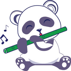 Cute Panda Playing Bamboo Flute with Musical Notes, Colorful Cartoon Illustration © Shahid