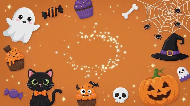 cute halloween background with animated glowing particles surrounded by ghost black cat pumpkin and candies on orange