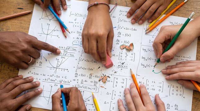 Hands with pencils and papers covered in mathematical equations