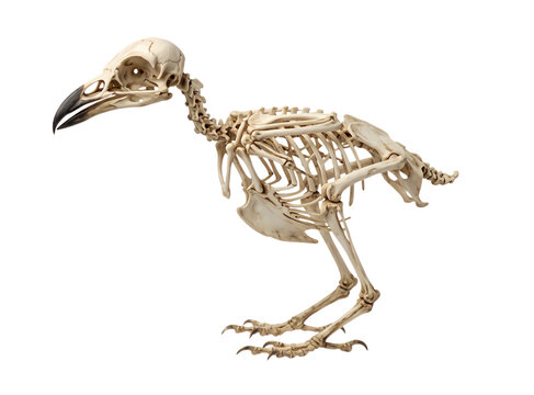 Full skeleton of a small bird showing anatomical structure of bones in a scientific educational display isolated on transparent background