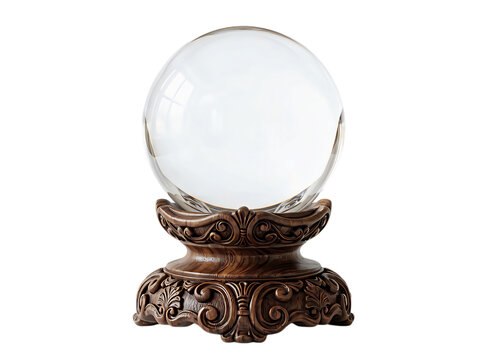 Clear crystal glass ball on an ornate dark brown vintage wooden stand for fortune telling and magic divination isolated on transparent background