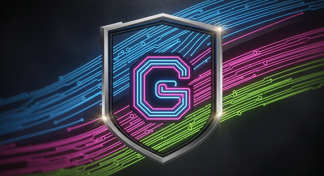 A shiny silver shield displays the letter G shaped by vibrant glowing neon circuits representing advanced digital security infrastructure protecting data streams across a futuristic network