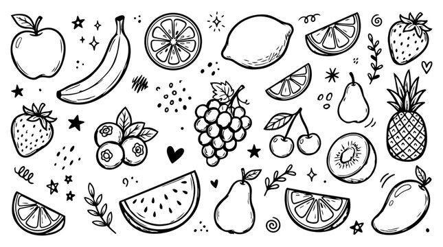 Hand drawn doodle vector collection of Fruit Pattern Elements featuring apple, banana, orange, lemon, strawberry, grapes, cherry, pear, kiwi, watermelon and pineapple isolated on white background