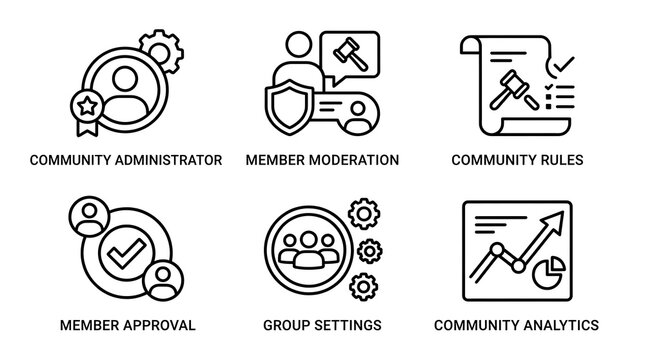 Community and moderation management line icons set