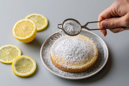 Hand sprinkling powdered sugar using sugar sifter spoon or adding lemon slices on cake, top view flat lay, minimal background