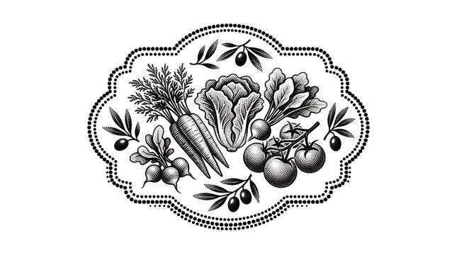 Vintage style vegetable composition with frame in black and white halftone print for culinary art and organic food marketing labels.