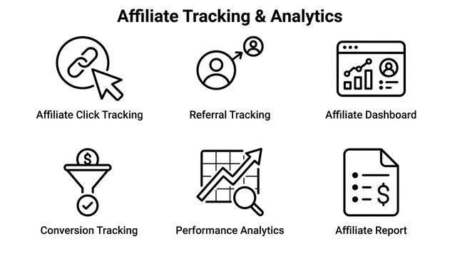 Affiliate Marketing Tracking and Data Analytics Line Icon Set