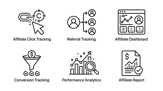 Affiliate Marketing and Tracking Data Line Icon Set
