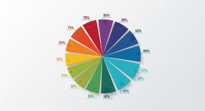 A circular diagram displays multiple colored sectors with numerical percentage values assigned to each part representing various segments of market research data analysis for business growth