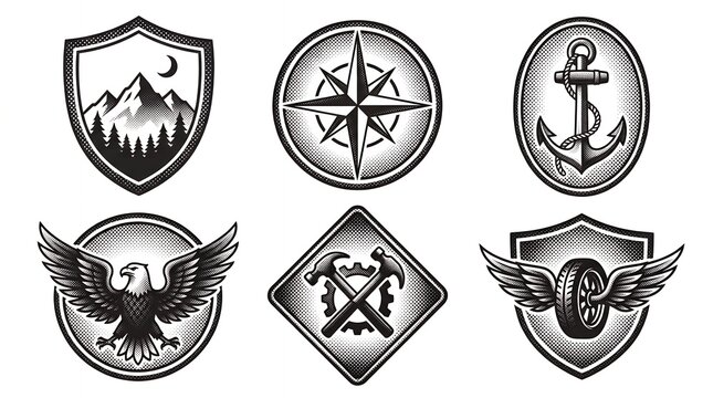 Set of adventure and industrial emblems with halftone style for badge design and outdoor lifestyle branding projects.