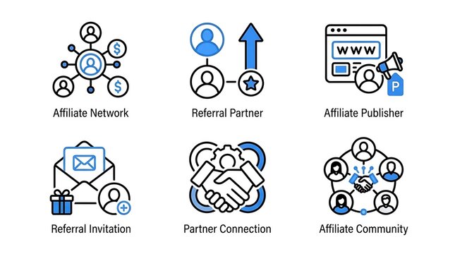 Affiliate and Referral Marketing Icon Set Blue Outline