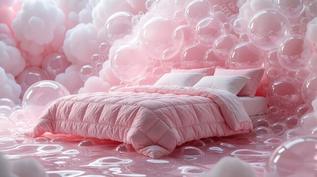 Pink bed with quilt sits in foamy surreal environment. Large clear bubbles float around soft white clouds creating dreamlike spa atmosphere for relaxation and comfort.