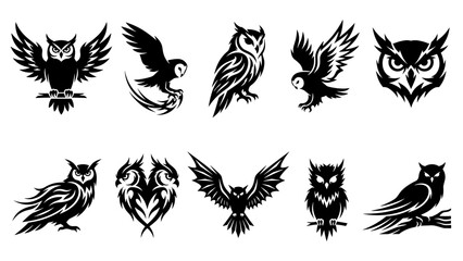 Naklejka premium Collection of dark gothic fantasy owl silhouettes featuring flying birds hunting owls tribal wings flames and mystical mascot head vector stencils for tattoo designs 