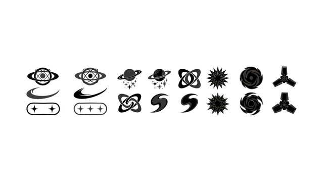 Black futuristic y2k tech vector elements set featuring cosmic planets stars abstract tech shapes spiral vortexes and sci fi minimalist graphic designs
