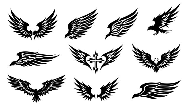 Collection of dark gothic fantasy bird wing silhouettes featuring soaring eagles heraldic christian cross tribal angel wings and mystical falcon vector stencils for tattoo designs

