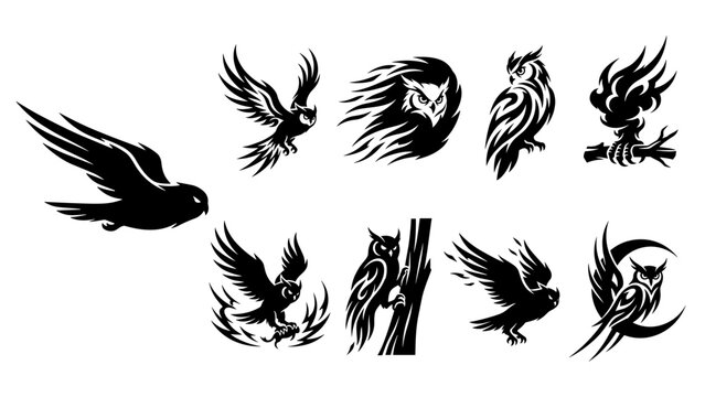 Collection of dark gothic fantasy owl silhouettes featuring flying birds hunting owls tribal wings flames and mystical crescent moon vector stencils for tattoo designs
